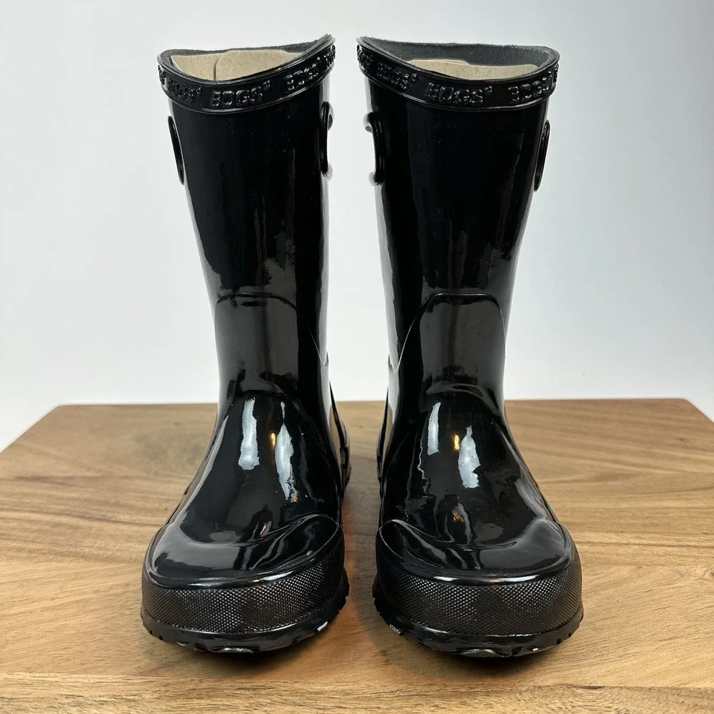 New Little Kids Childrens Bogs Solid Black Waterproof Rubber Rain Boots Size 8 C